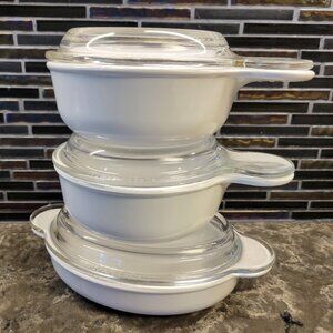 VINTAGE PYREX GRAB IT BOWLS CORNING WARE 1970s ROUND OVAL GLASS LIDS SET OF (3)
